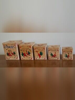 VTG 1950s Wood Rooster Nesting Canisters Cookies Flour Sugar Coffee Tea 5pc